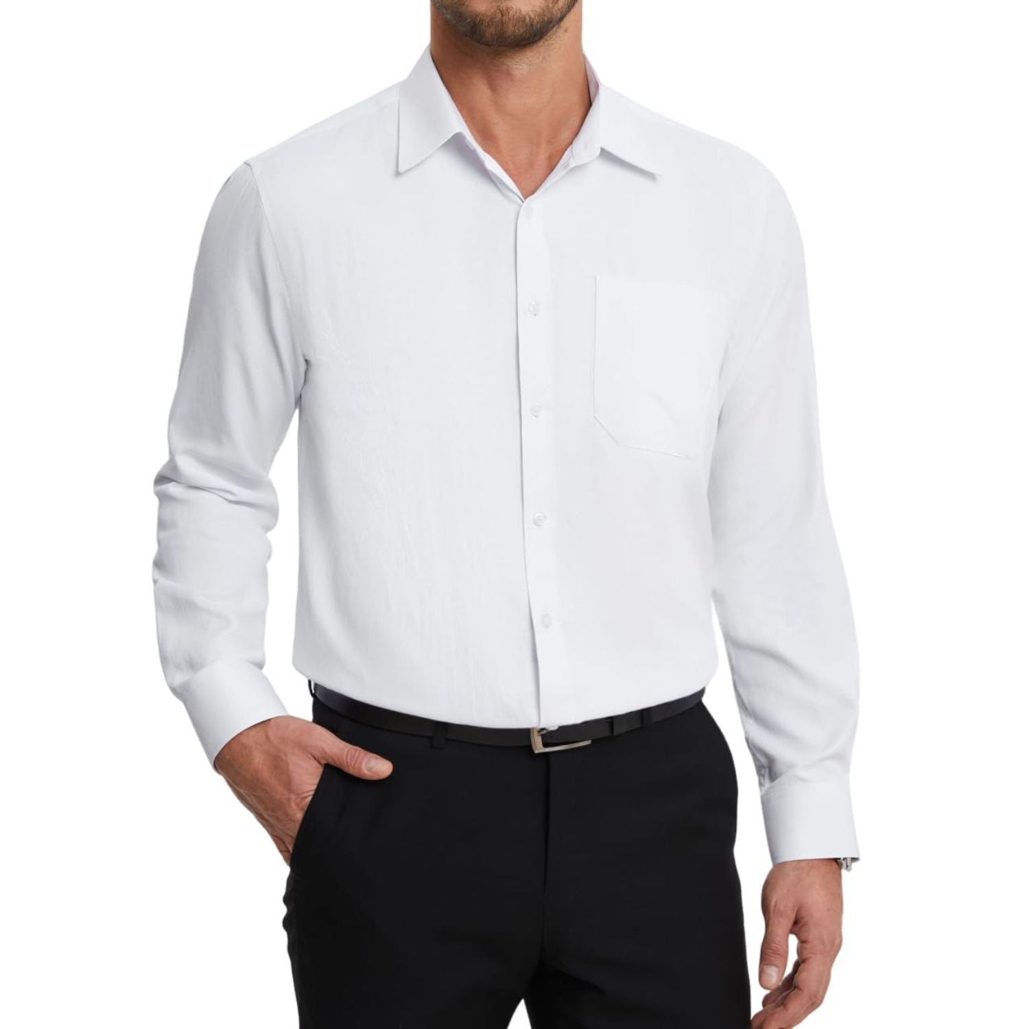 Hisdern Men's White Dress Shirt with Pocket - Formal & Casual