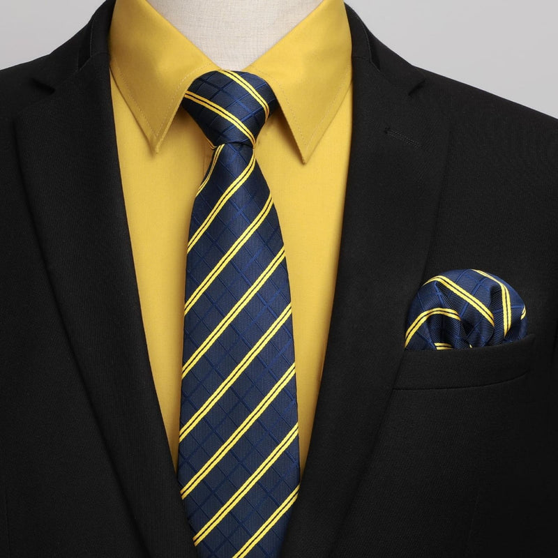 Men's Shirt with Tie Handkerchief Set - YELLOW/STRIPED