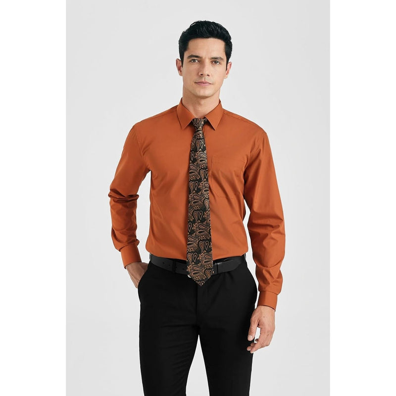 Men's Shirt with Tie Handkerchief Set - BROWN/BLACK TIE