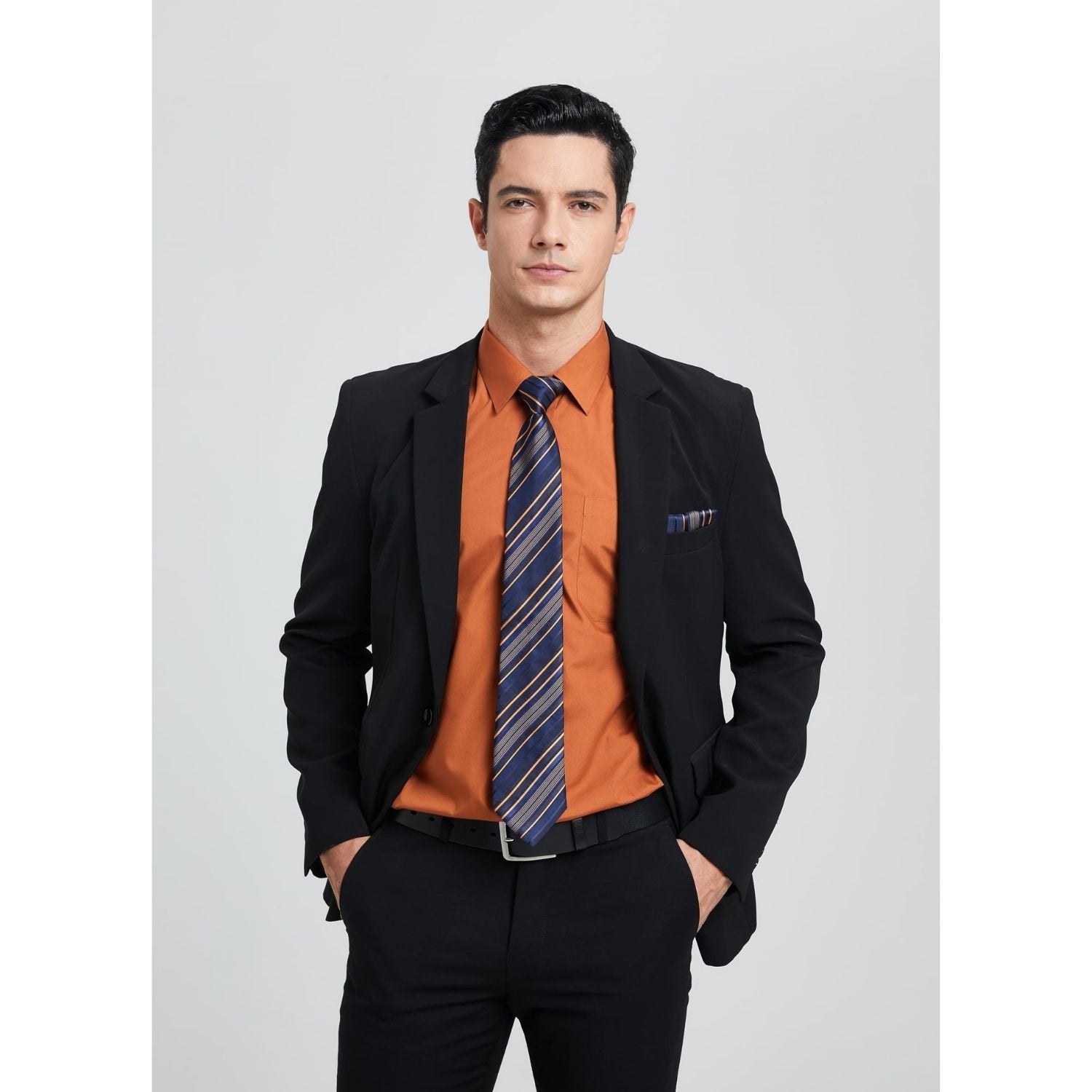 Hisdern Non-iron Brown Dress Shirt and Striped Tie