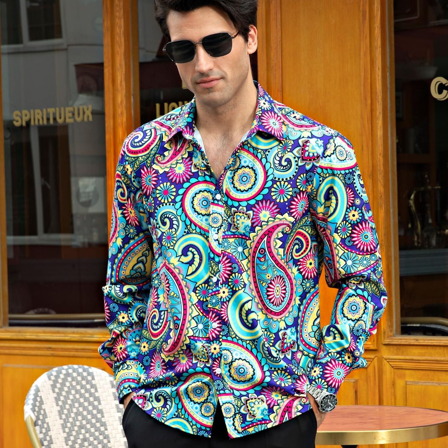 Men's Long Sleeve Shirt With Printing - BLUE/PINK