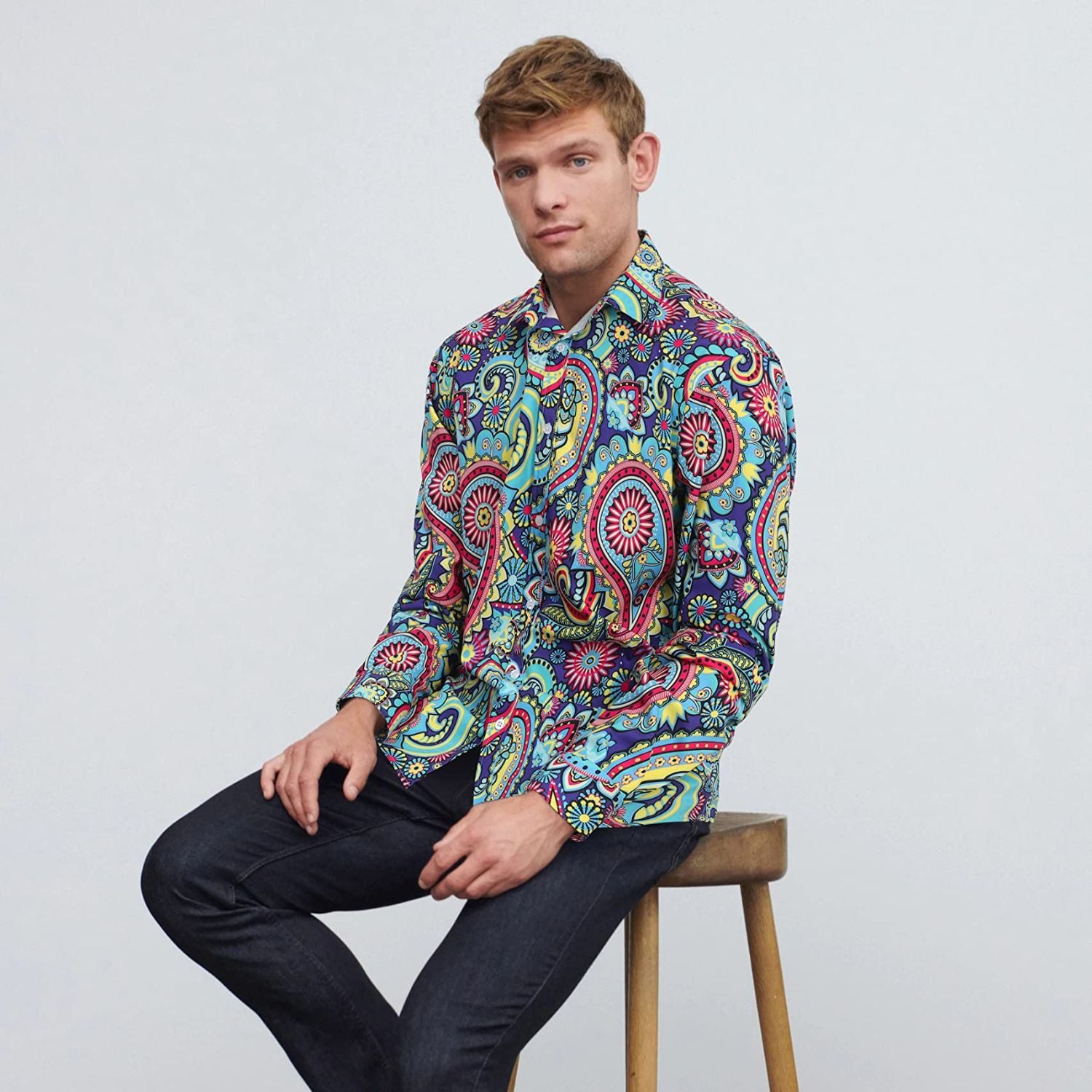 Men's Long Sleeve Shirt With Printing - BLUE/PINK