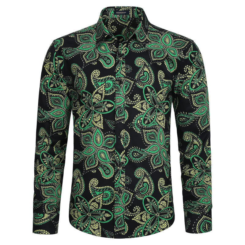 Men's Long Sleeve Shiny Shirt With Printing - BLACK/GREEN