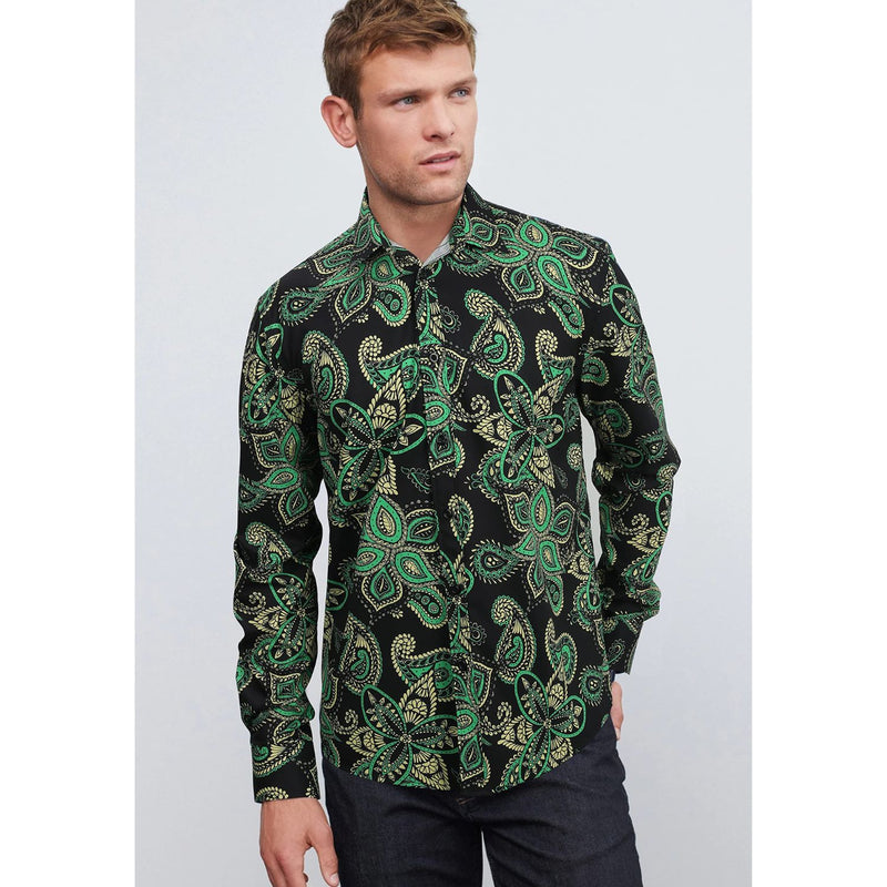 Men's Long Sleeve Shiny Shirt With Printing - BLACK/GREEN