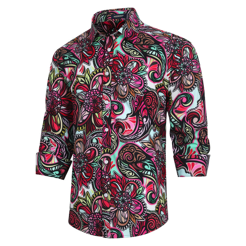 Men's Long Sleeve Shiny Shirt With Printing - RED