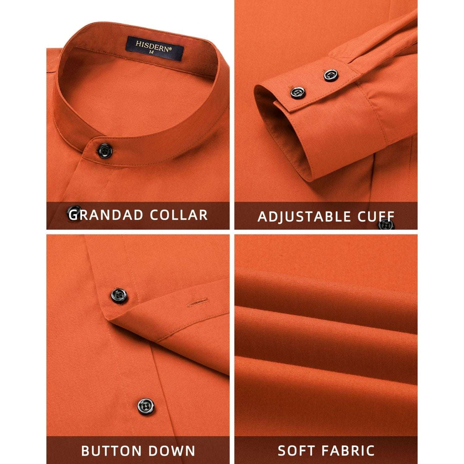 Men's Orange Grandad Collar Shirt Wedding Regular Fit with Pocket