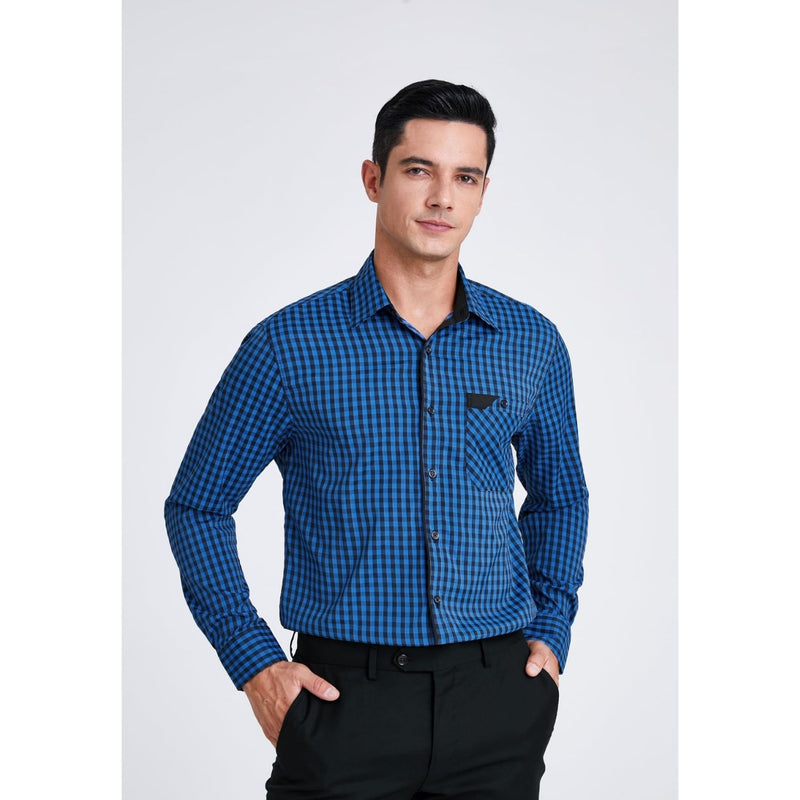 Men's Casual Long Sleeve Plaid Shirt - F-BLUE