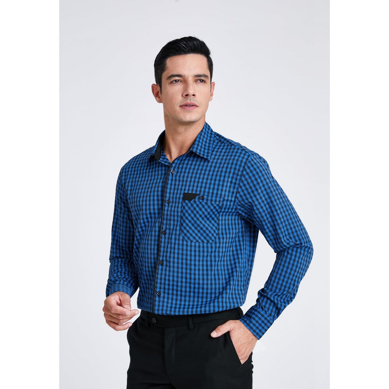 Men's Casual Long Sleeve Plaid Shirt - F-BLUE