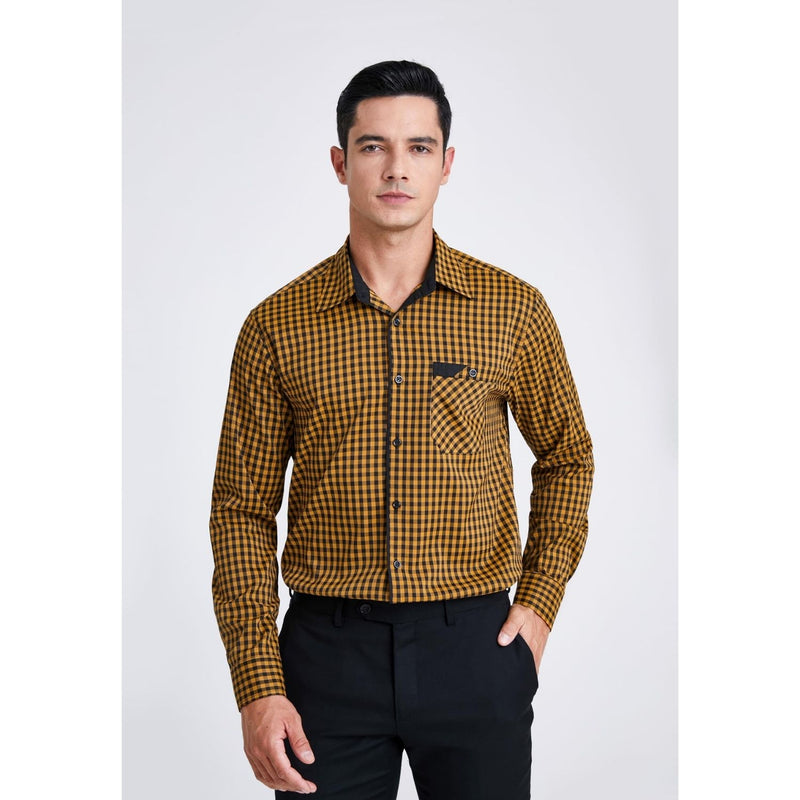 Men's Casual Long Sleeve Plaid Shirt - C-YELLOW