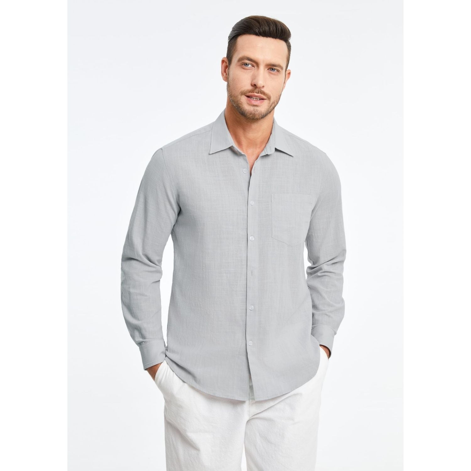 Men's Long Sleeve Grey Casual Linen Shirts for Summer Beach