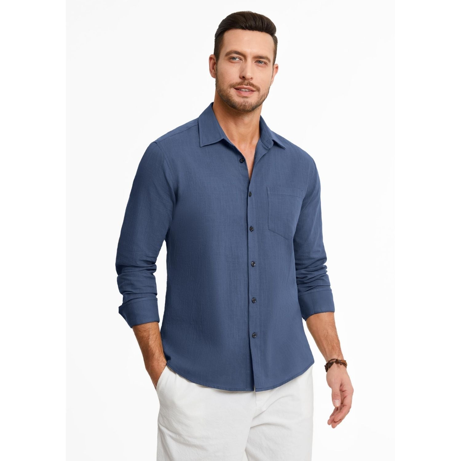 Hisdern Men's Long Sleeve Blue Casual Linen Shirts for Summer Beach