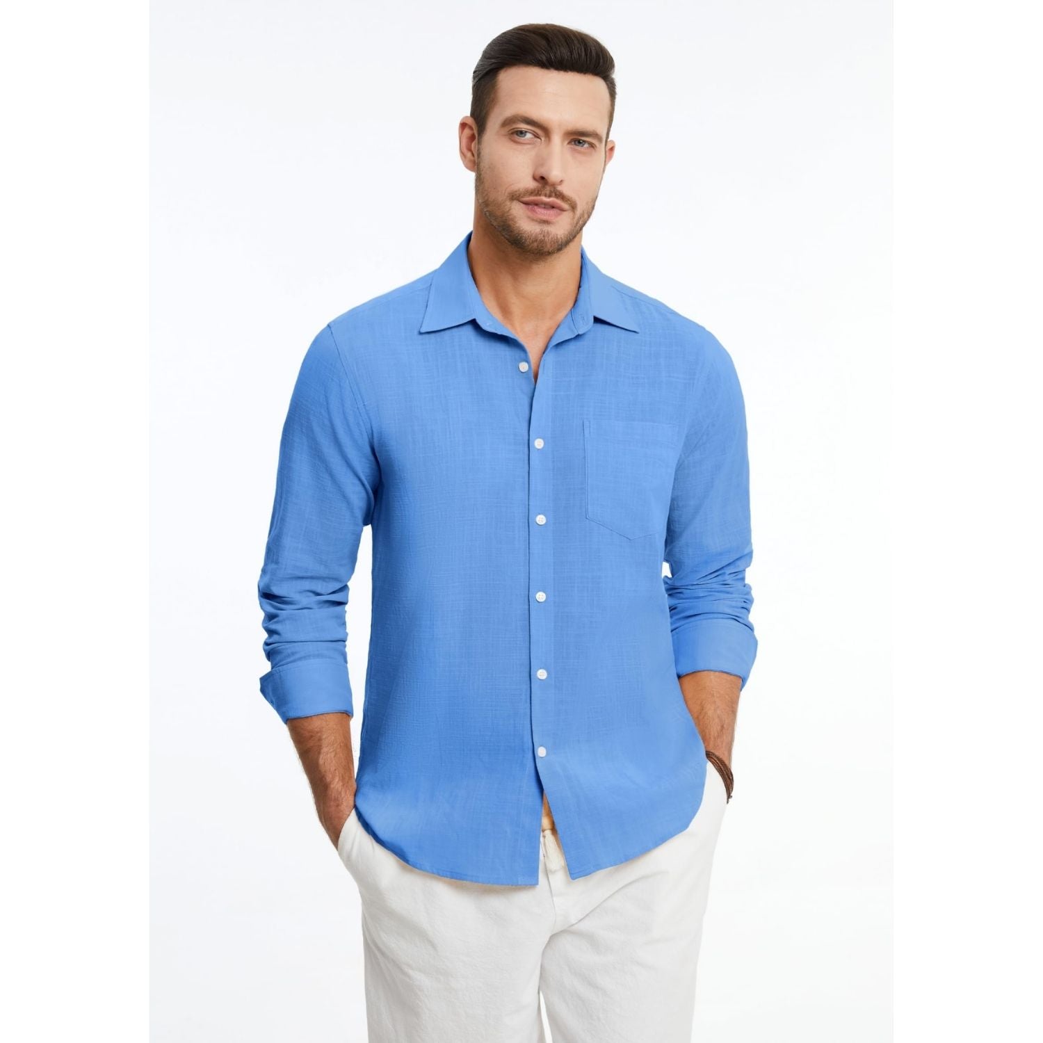 Hisdern Men's Long Sleeve Sky Blue Casual Linen Shirts for Summer Beach