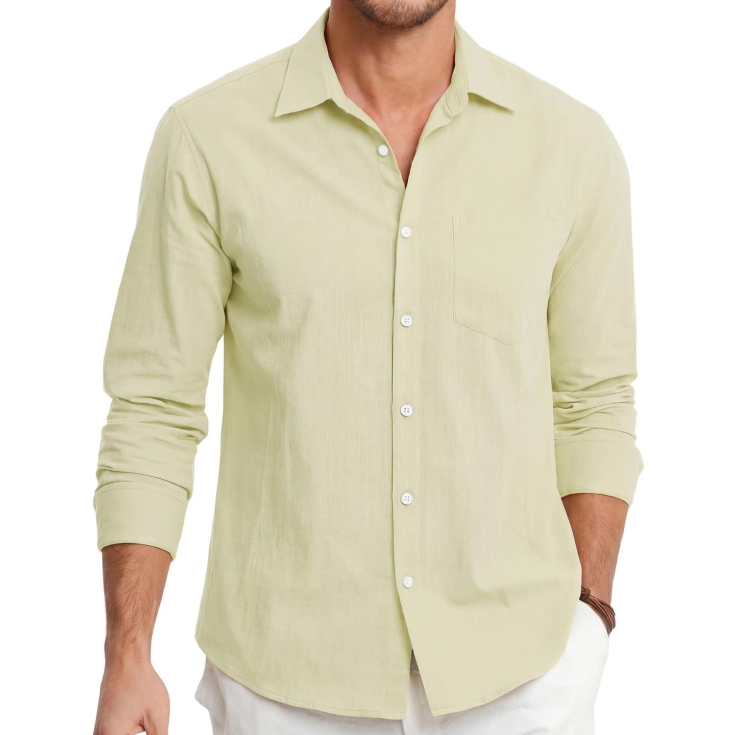 Hisdern Men's Long Sleeve Light Yellow Casual Linen Shirts for Summer Beach