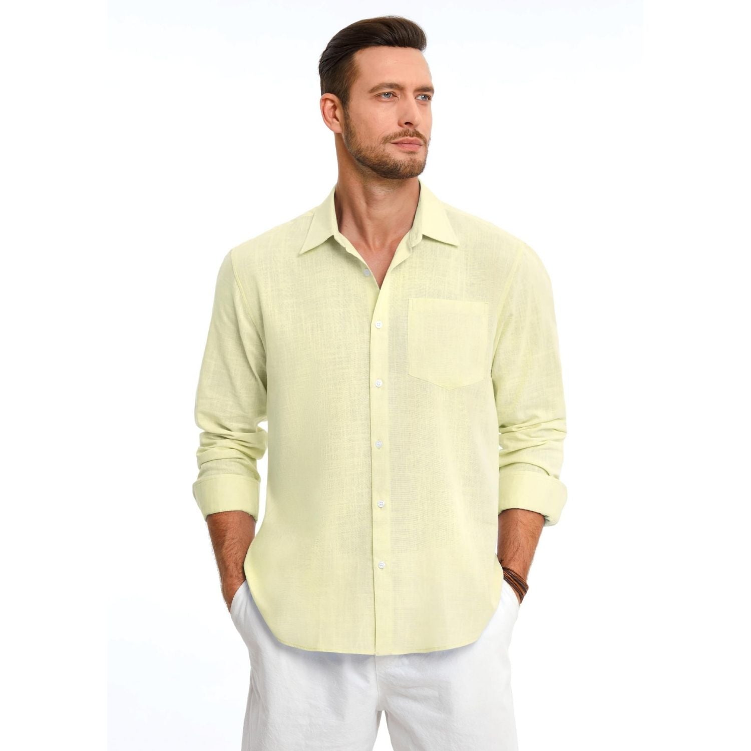 Hisdern Men's Long Sleeve Light Yellow Casual Linen Shirts for Summer Beach