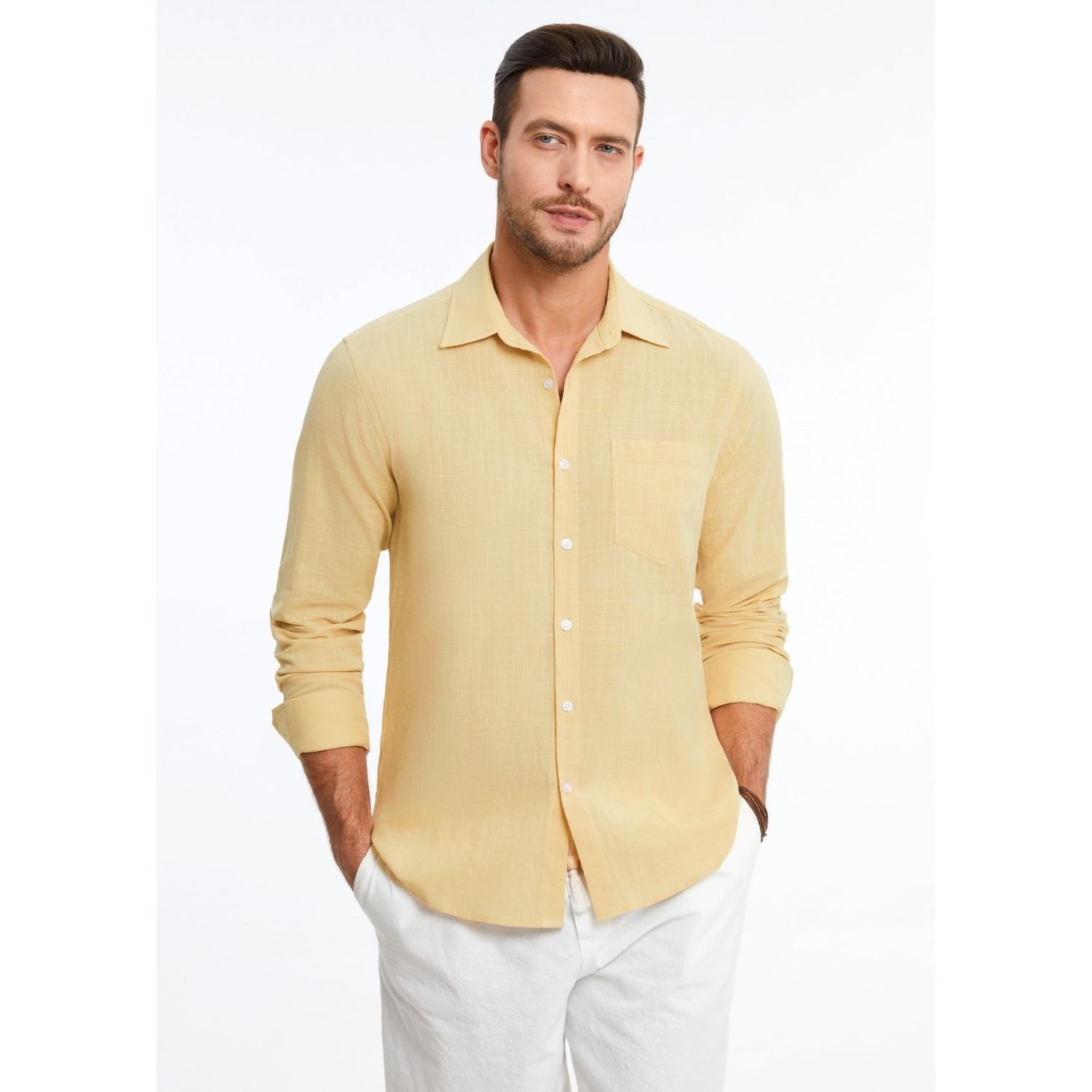 Men's Long Sleeve Beige Casual Linen Shirts for Summer Beach