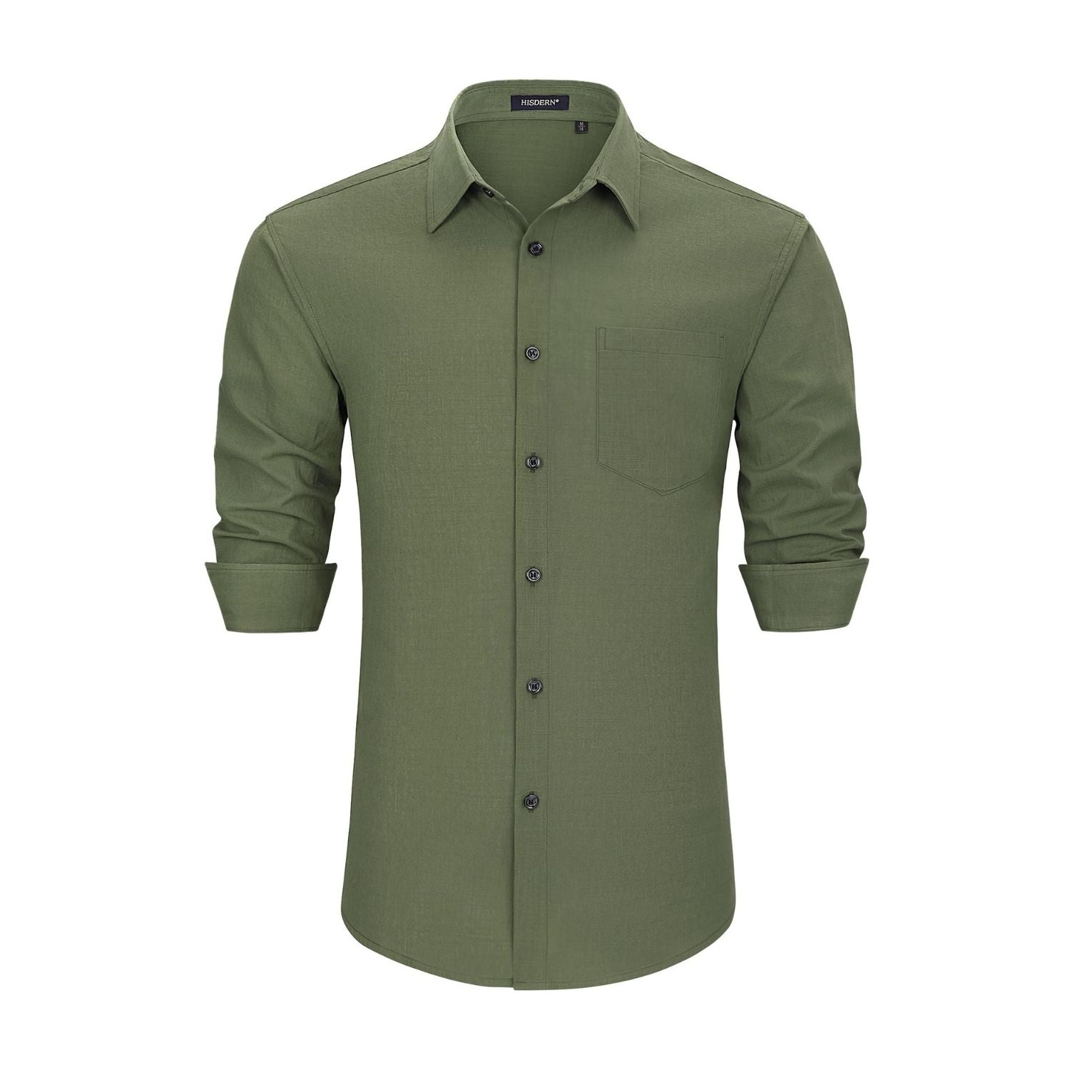 Men's Long Sleeve Olive Green Casual Linen Shirts for Summer Beach
