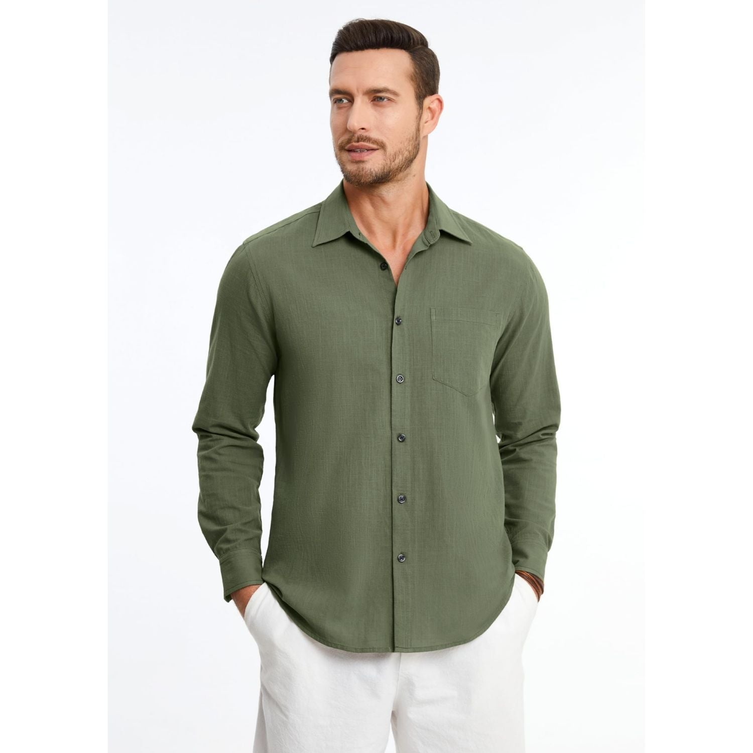 Men's Long Sleeve Olive Green Casual Linen Shirts for Summer Beach