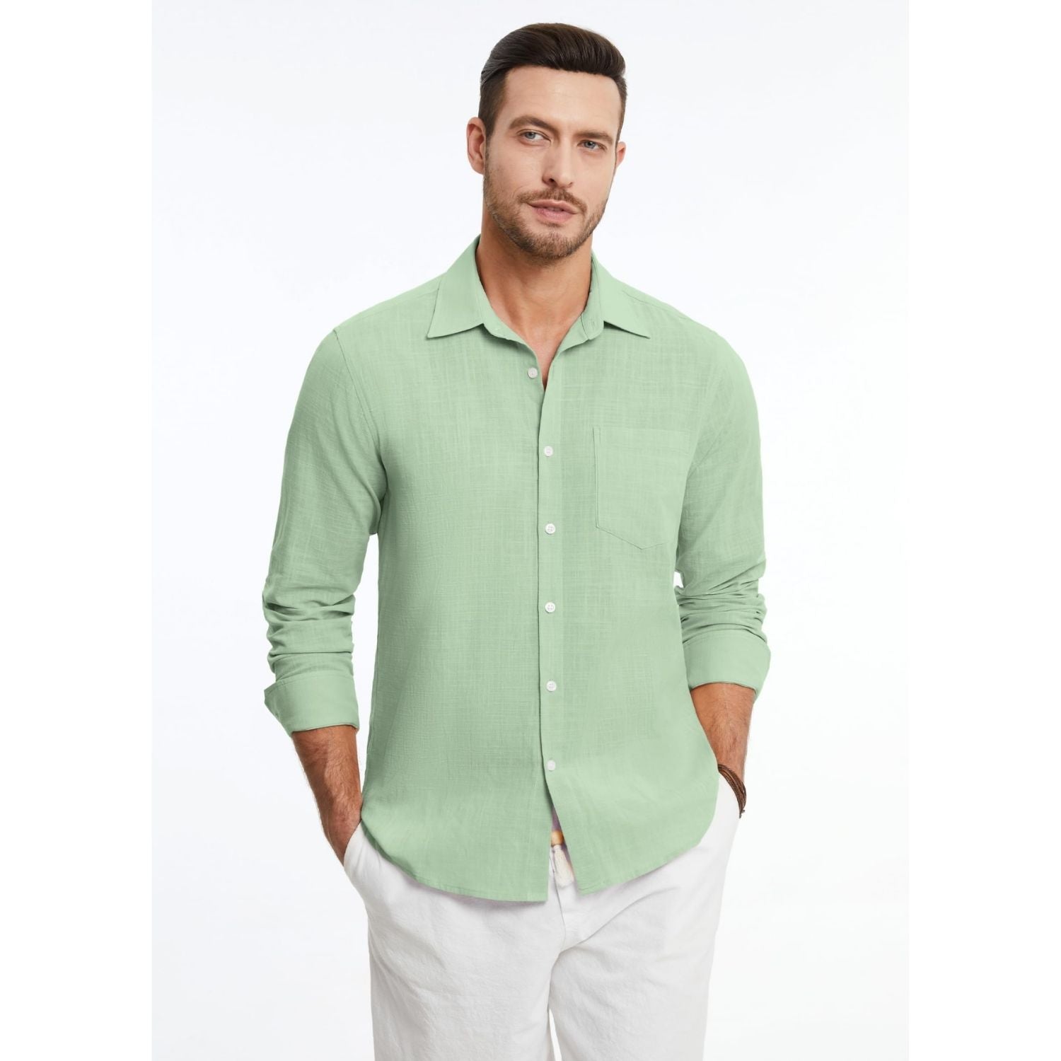 Hisdern Men's Long Sleeve Sage Green Casual Linen Shirts for Summer Beach