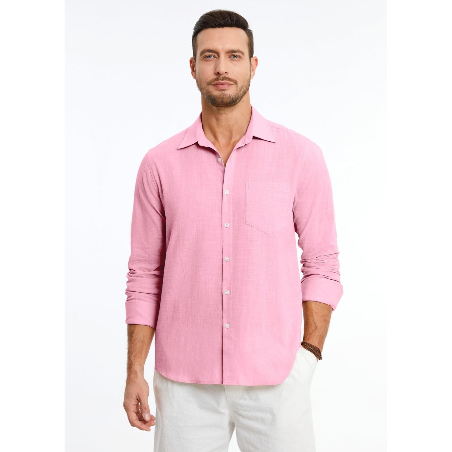 Men's Long Sleeve Pink Casual Linen Shirts for Summer Beach