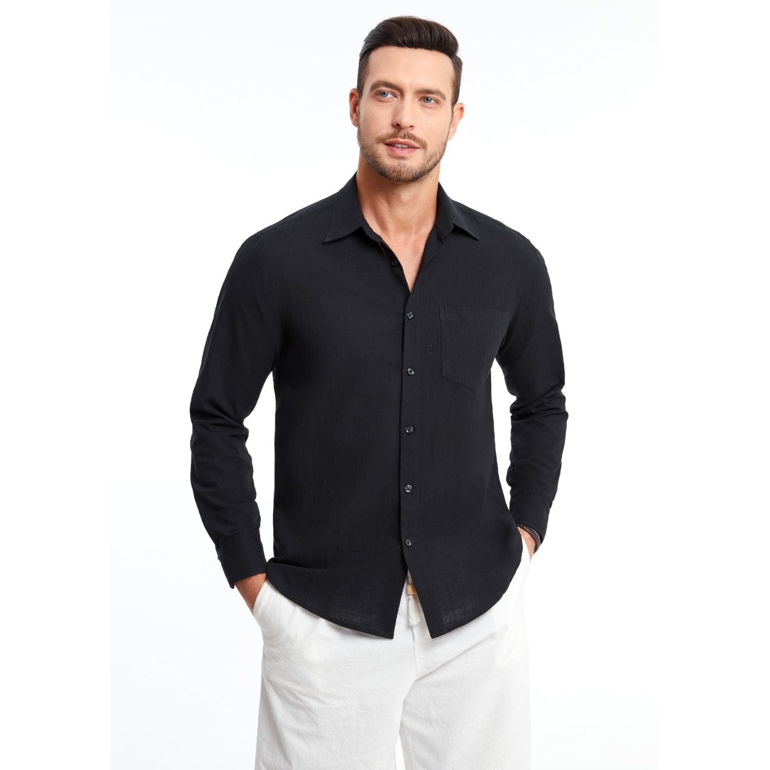 Men's Long Sleeve Black Casual Linen Shirts for Summer Beach