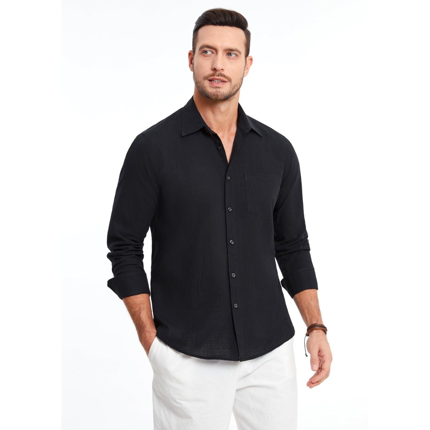 Men's Long Sleeve Black Casual Linen Shirts for Summer Beach