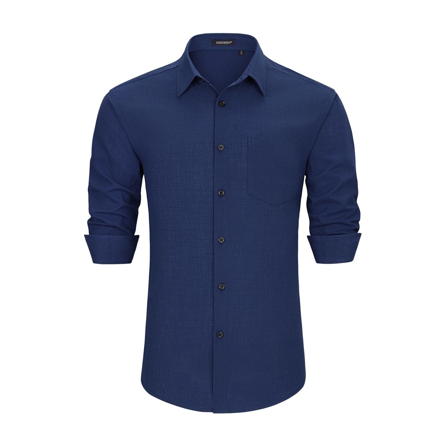 Men's Long Sleeve Navy Blue Casual Linen Shirts for Summer Beach