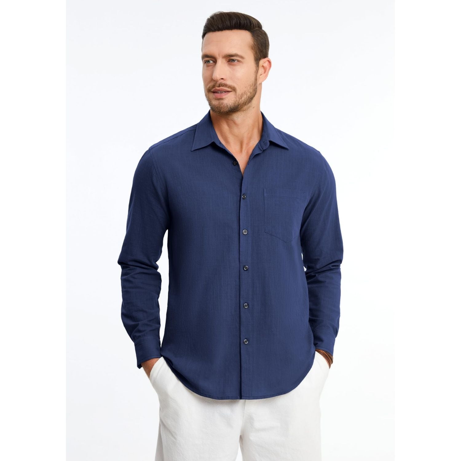 Men's Long Sleeve Navy Blue Casual Linen Shirts for Summer Beach