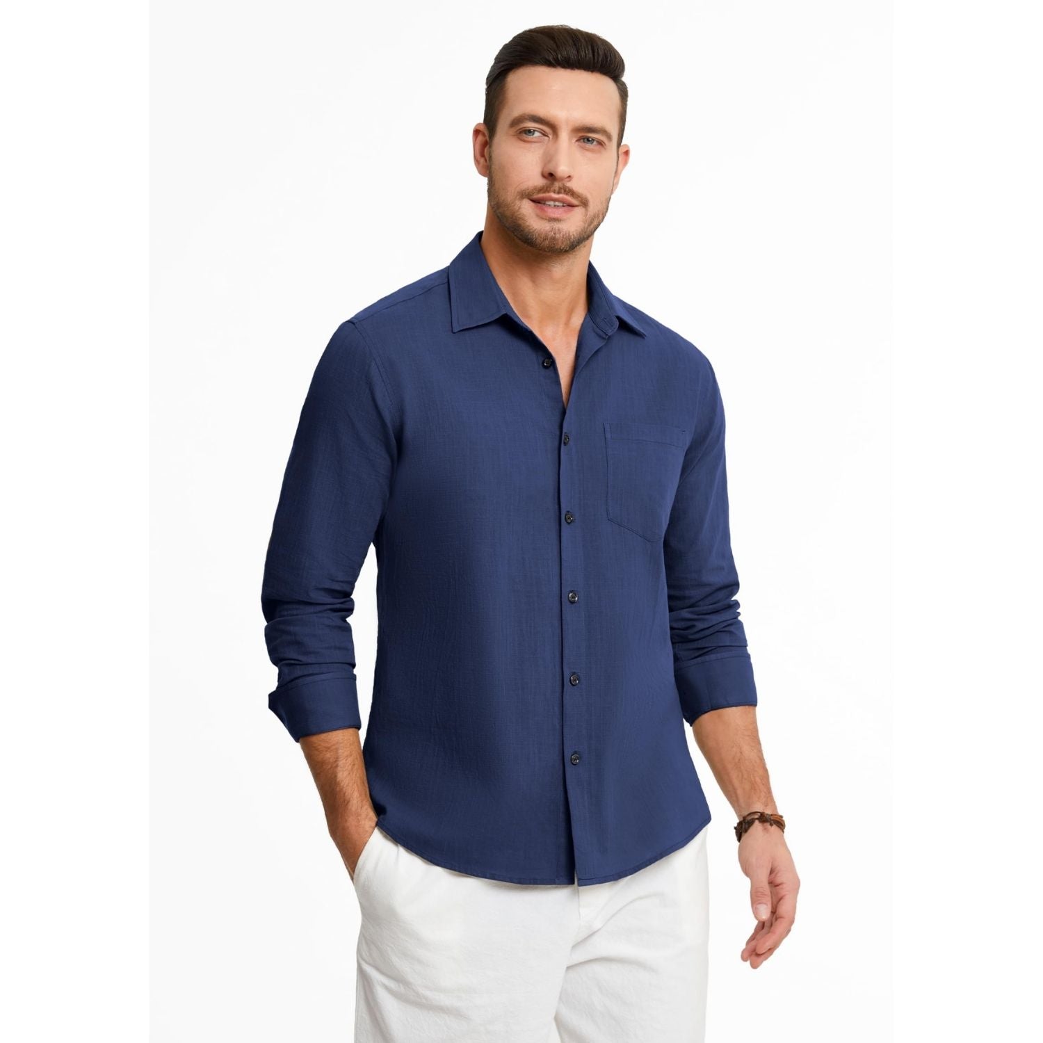 Men's Long Sleeve Navy Blue Casual Linen Shirts for Summer Beach