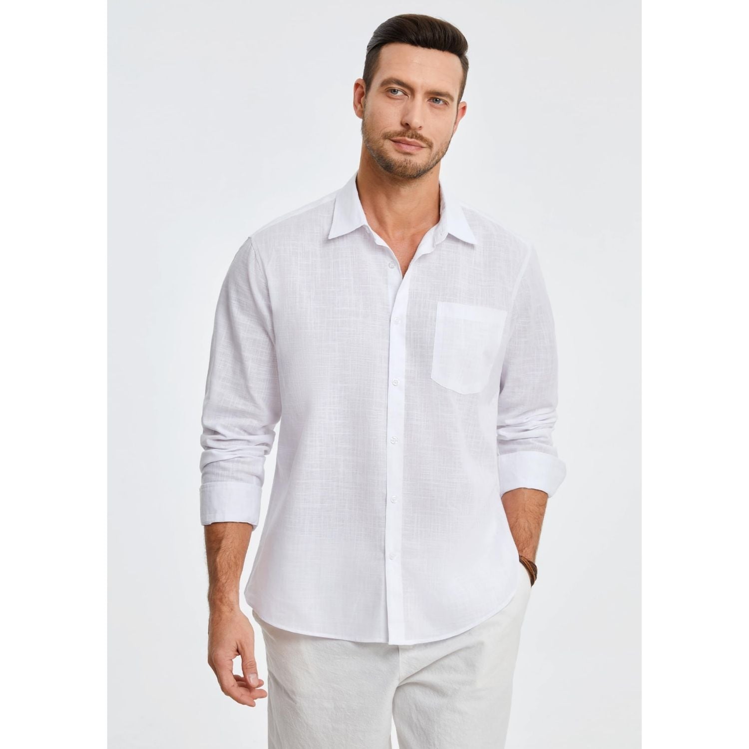 Men's Long Sleeve White Casual Linen Shirts for Summer Beach