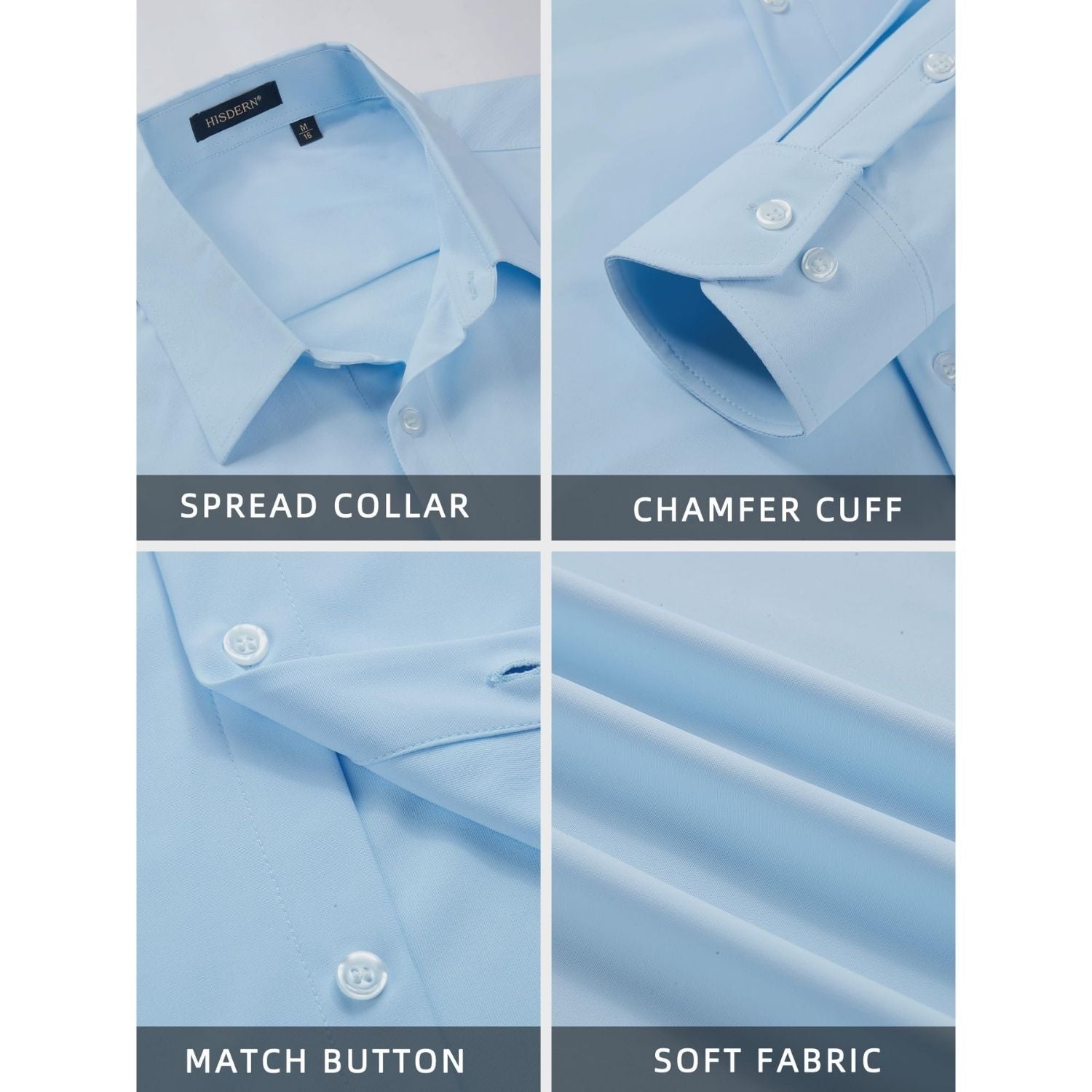 Hisdern Men's Stretch Wrinkle Free Dress Shirts Long Sleeve Non-Iron Light Blue for Work