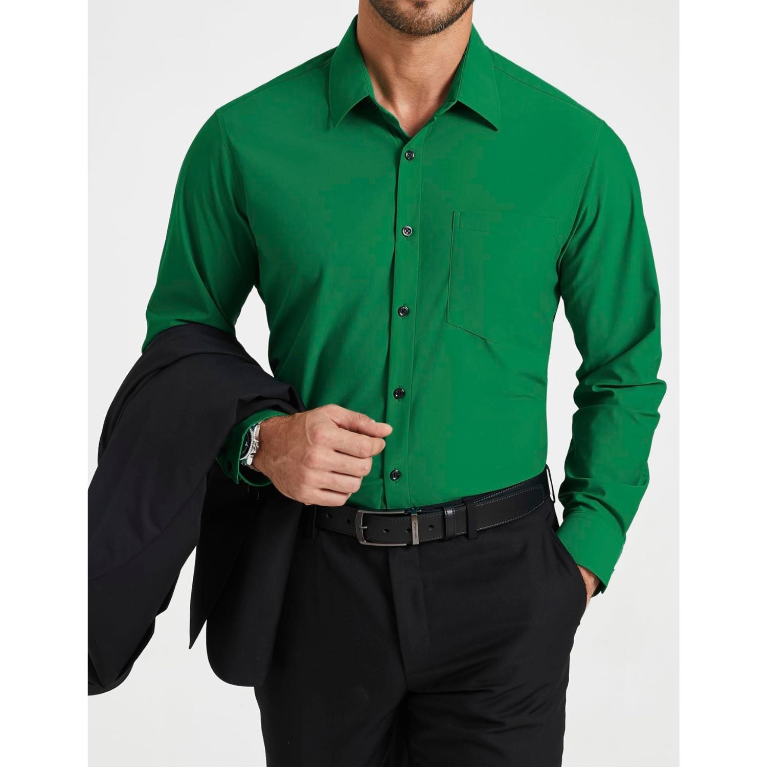 Hisdern Men's Stretch Wrinkle Free Dress Shirts Long Sleeve Non-Iron Green for Work