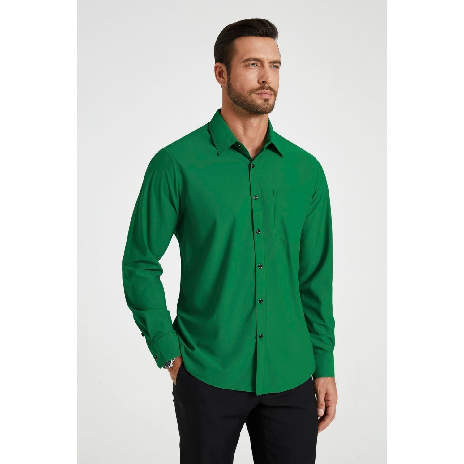 Hisdern Men's Stretch Wrinkle Free Dress Shirts Long Sleeve Non-Iron Green for Work