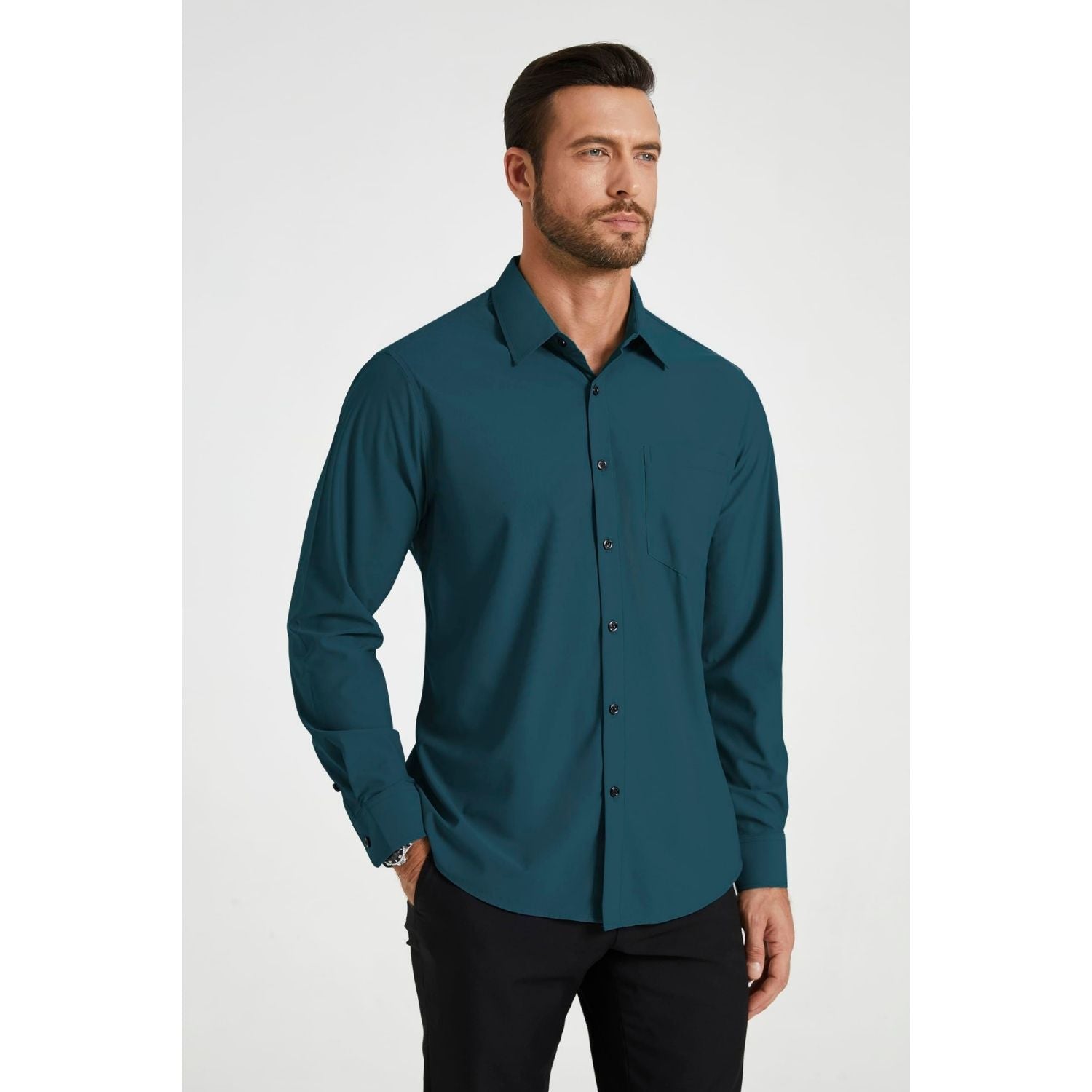 Hisdern Men's Stretch Wrinkle Free Dress Shirts Long Sleeve Non-Iron Navy Blue for Work