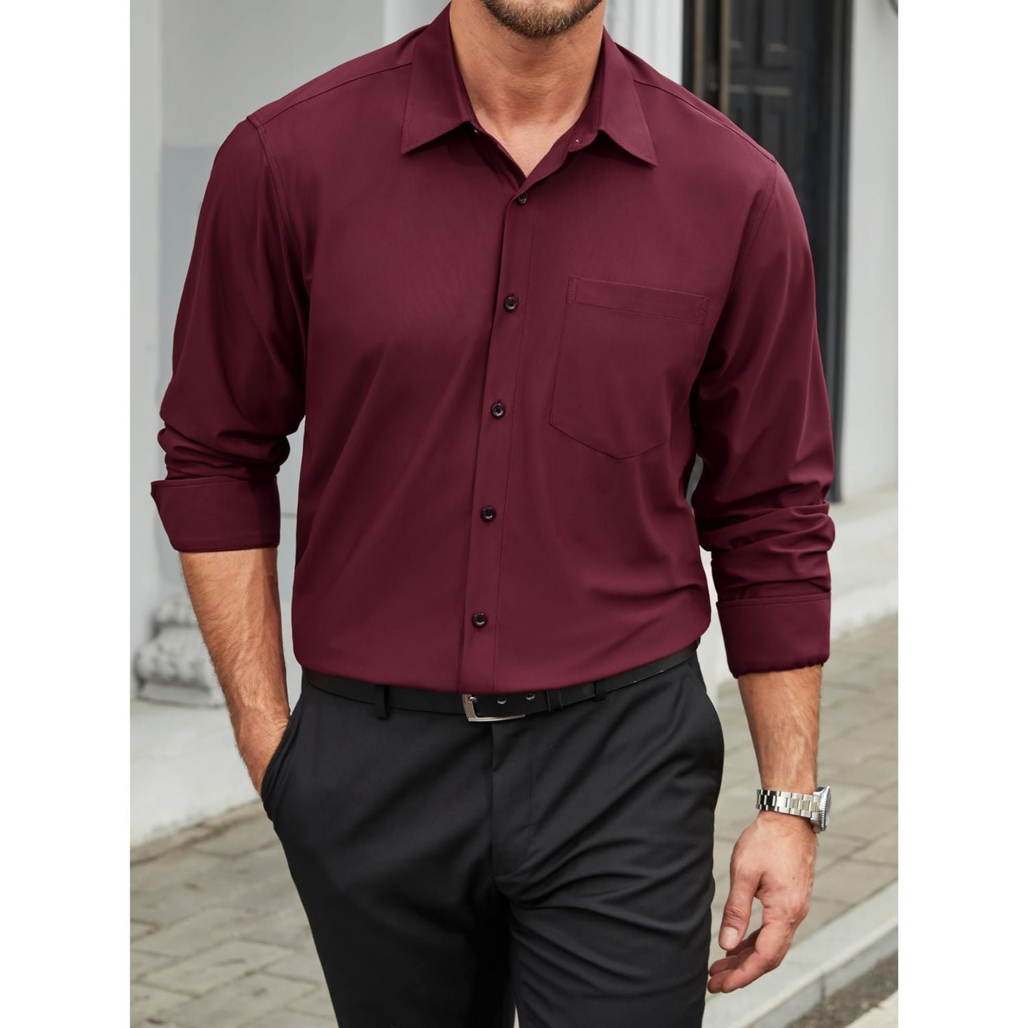 Hisdern Men's Stretch Wrinkle Free Dress Shirts Long Sleeve Non-Iron Burgundy for Work