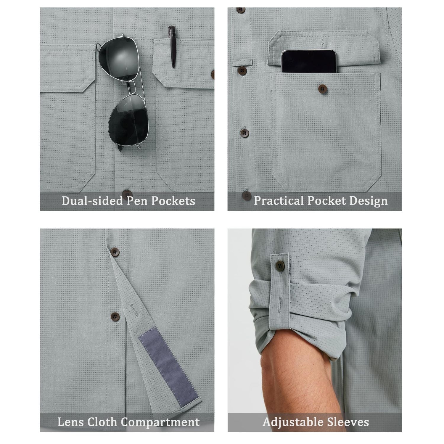 Hisdern Men's Sun Protection Grey Fishing Shirt UPF 50+ for Fishing Hiking