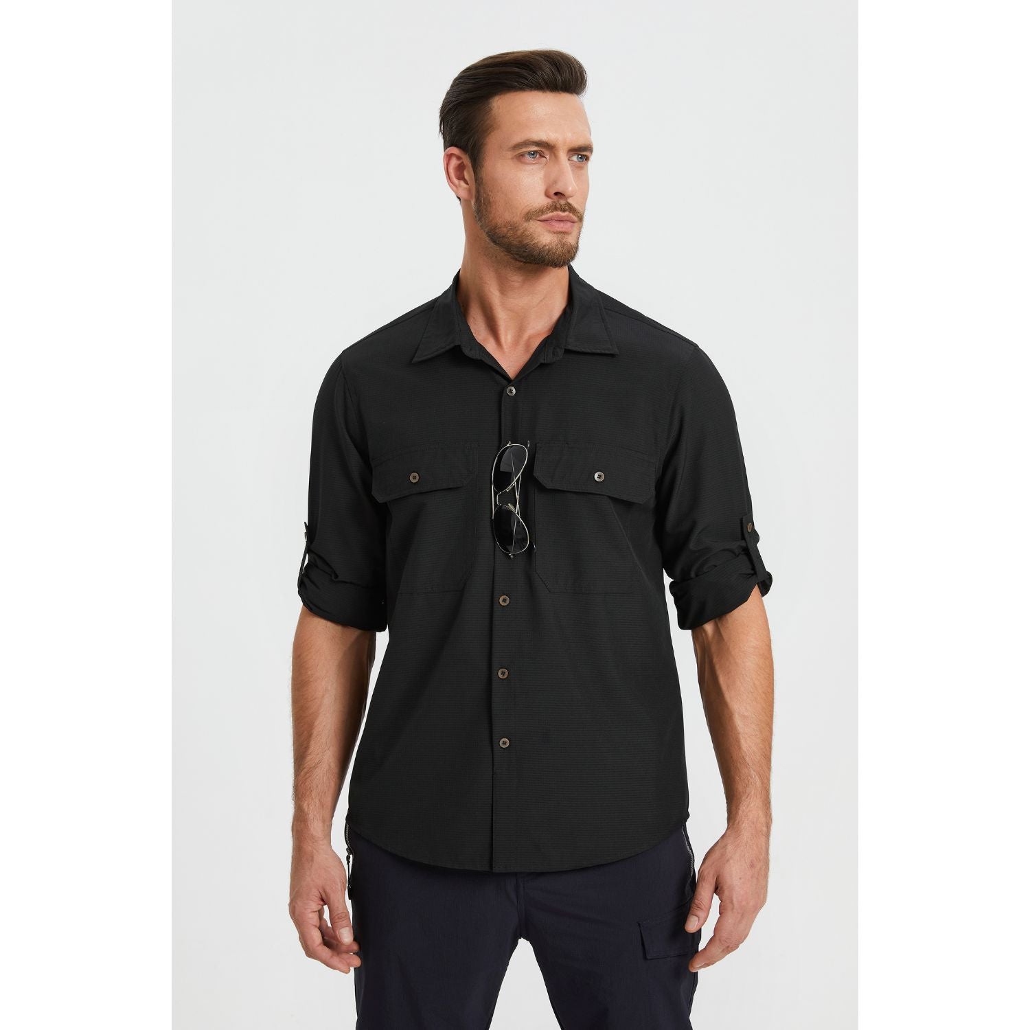 Hisdern Men's Sun Protection Black Fishing Shirt UPF 50+ for Fishing Hiking