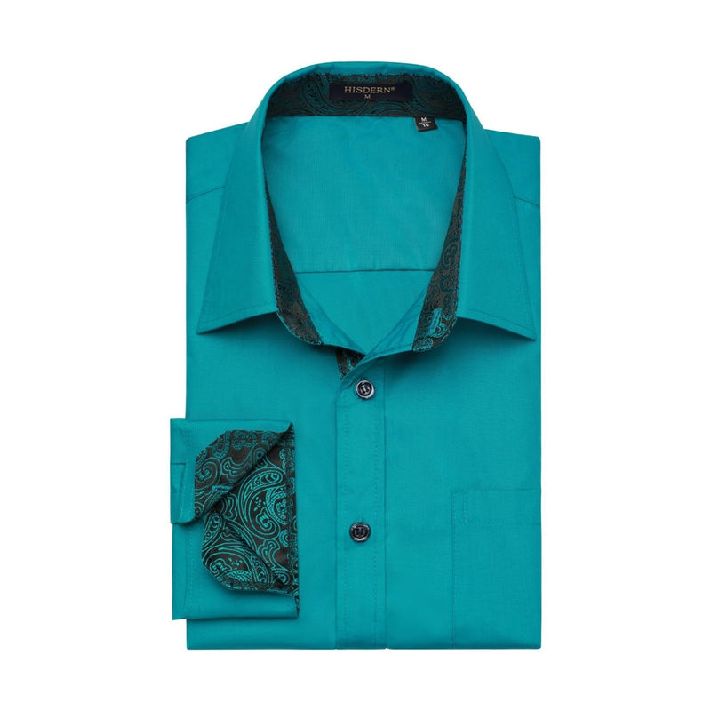 Men's Patchwork Dress Shirt with Pocket - PEACOCK BLUE