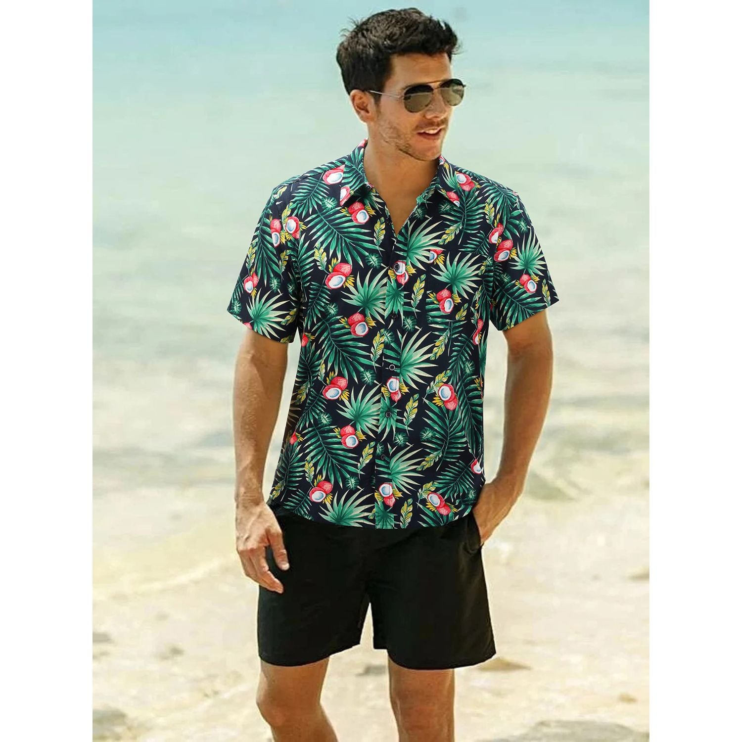 Funky Hawaiian Shirts with Pocket - NAVY BLUE/GREEN