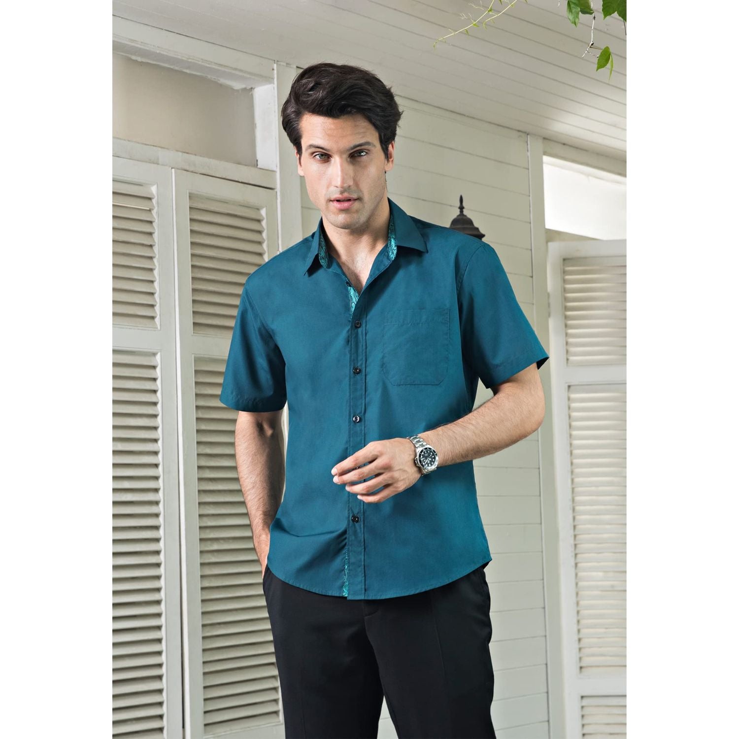 Men's Short Sleeve Shirt with Pocket - B1-TEAL