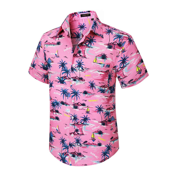 Funky Hawaiian Shirts with Pocket - 21-PINK/PALM TREE