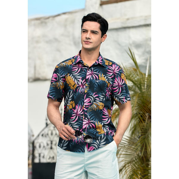 Funky Hawaiian Shirts with Pocket - 15-BLACK\LEAVES