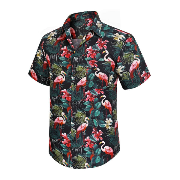 Funky Hawaiian Shirts with Pocket - 19-BLACK/FLAMINGO