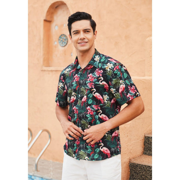 Funky Hawaiian Shirts with Pocket - 19-BLACK/FLAMINGO