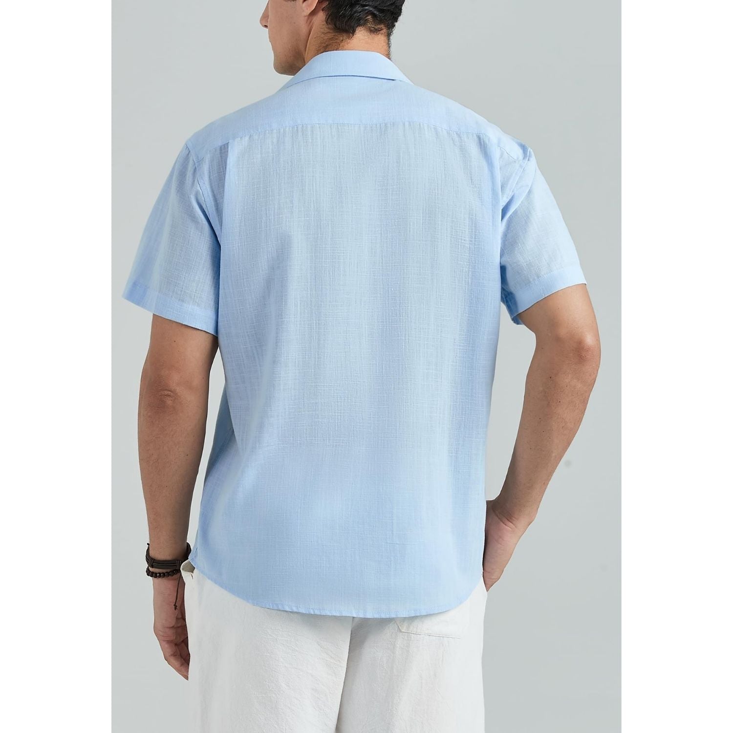 Men's Short Sleeve Light Blue Casual Linen Shirts for Summer Beach