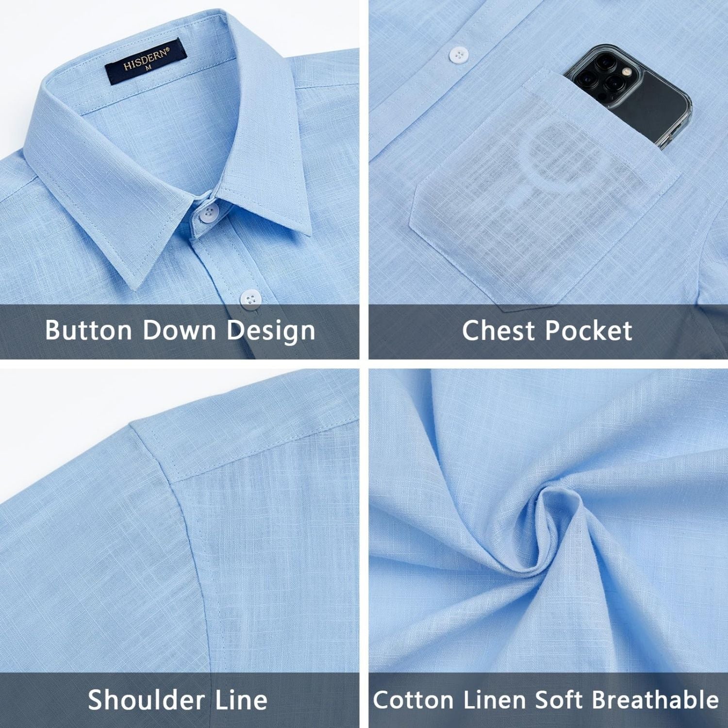 Men's Short Sleeve Light Blue Casual Linen Shirts for Summer Beach