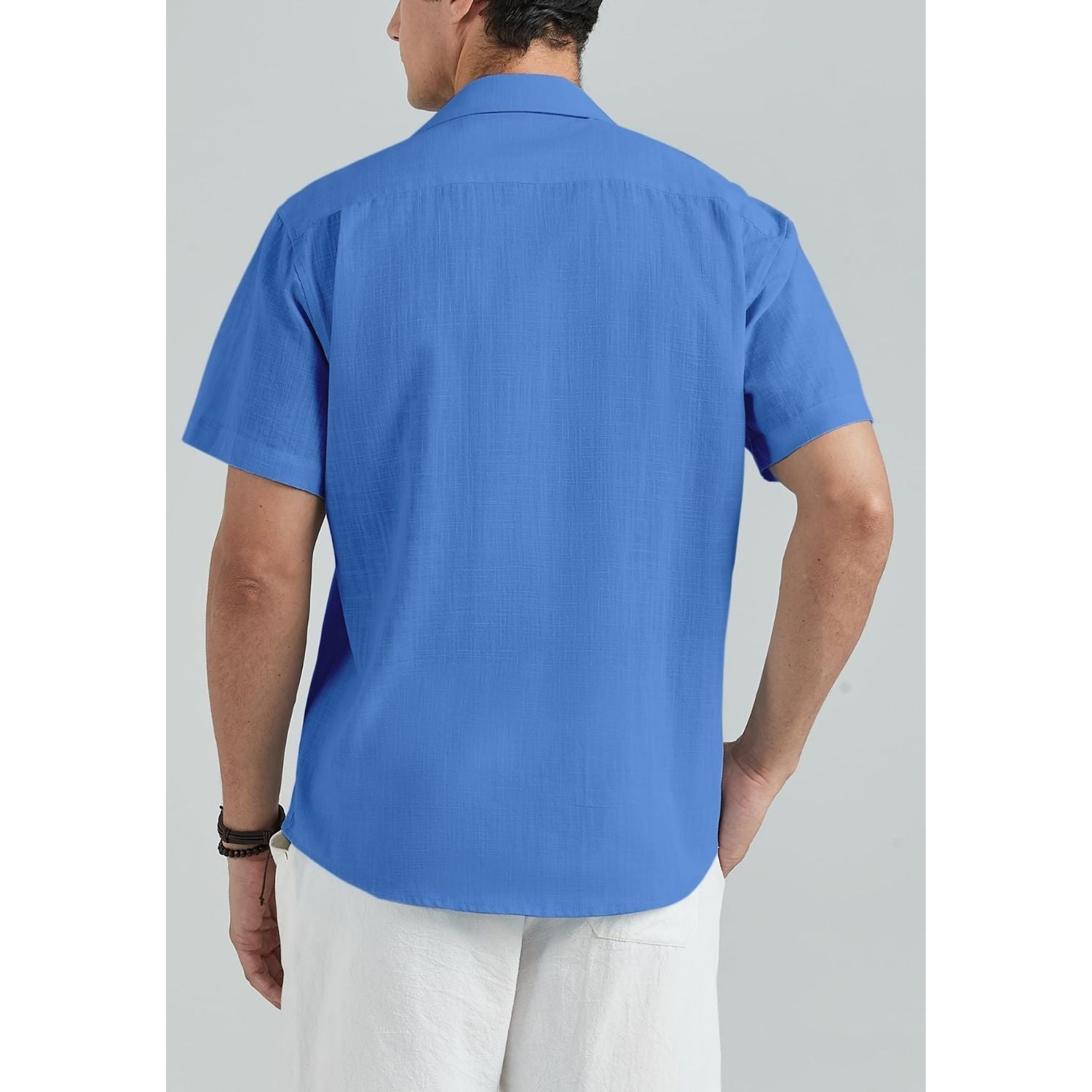 Men's Short Sleeve Blue Casual Linen Shirts for Summer Beach