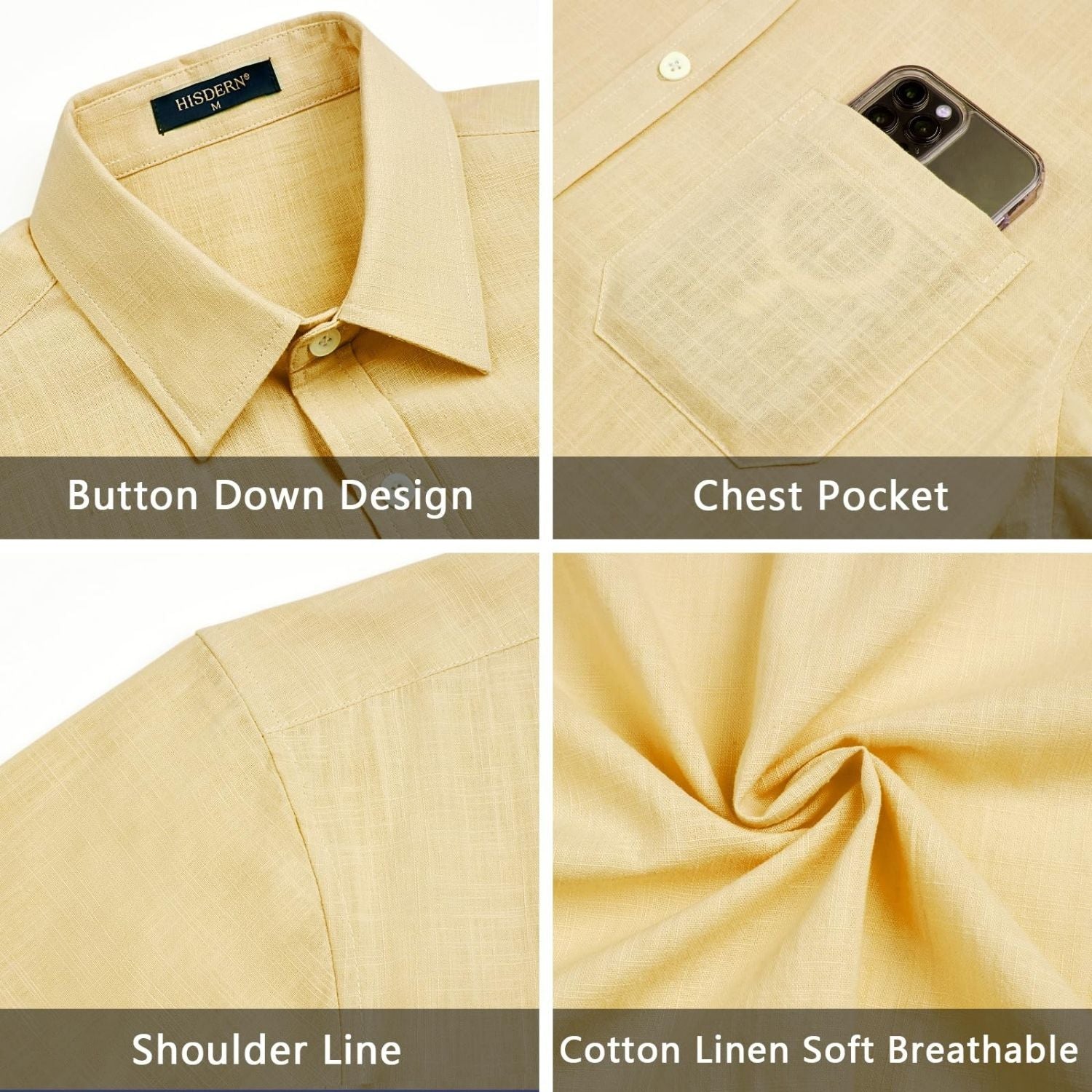Men's Short Sleeve Khaki Casual Linen Shirts for Summer Beach