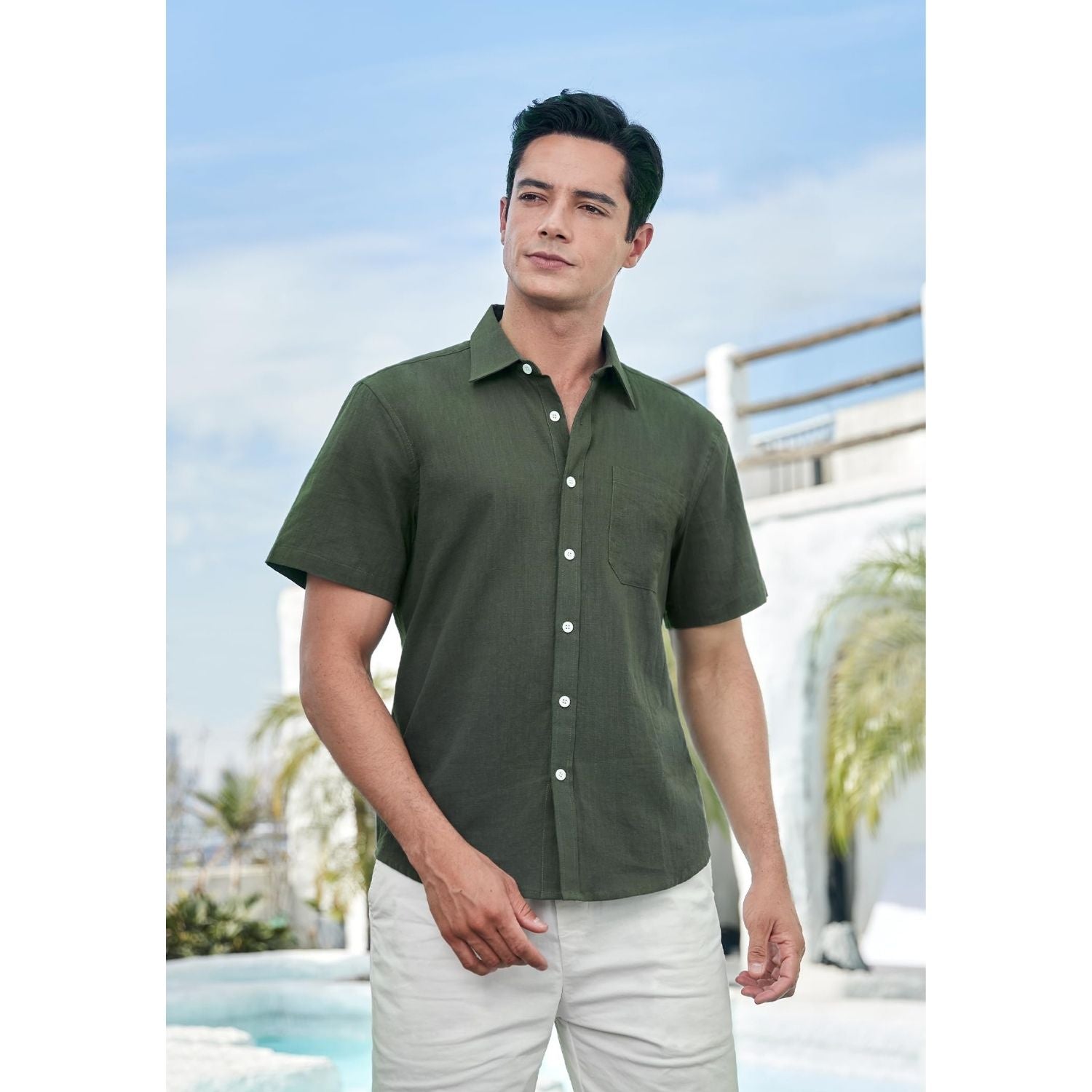 Men's Short Sleeve Green Casual Linen Shirts for Summer Beach