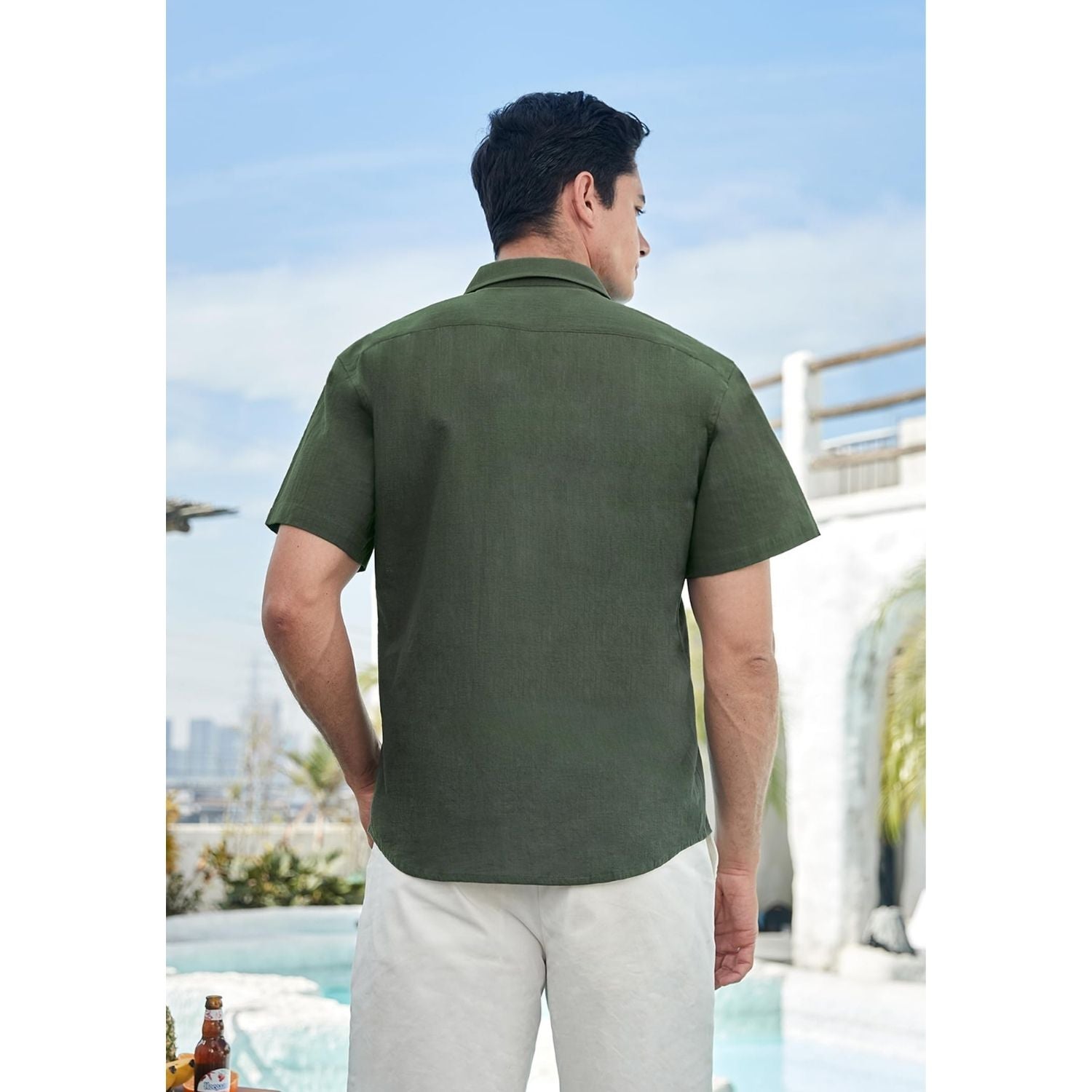 Men's Short Sleeve Green Casual Linen Shirts for Summer Beach