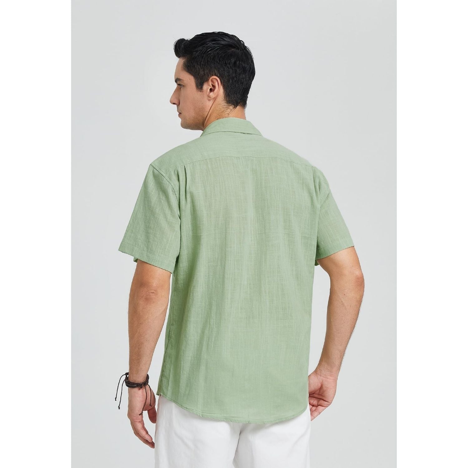 Men's Short Sleeve Sage Green Casual Linen Shirts for Summer Beach